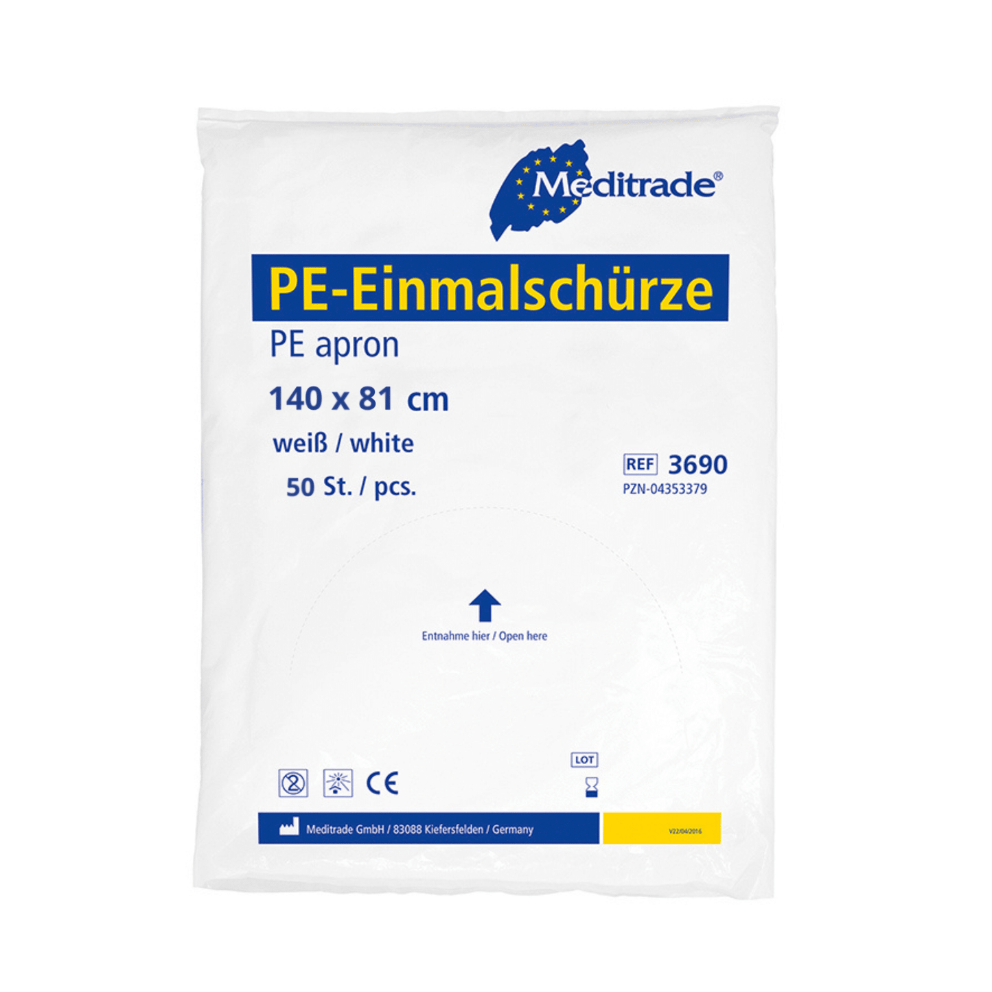 Zabalená Meditrade PE Einmalschürze v bielej farbe, označená rozmermi „140 x 81 cm“, informáciami o produkte a firemným logom, čo naznačuje, že obsahuje Meditrade PE Einmalschürze (biela) – 100 kusov od spoločnosti Meditrade GmbH.