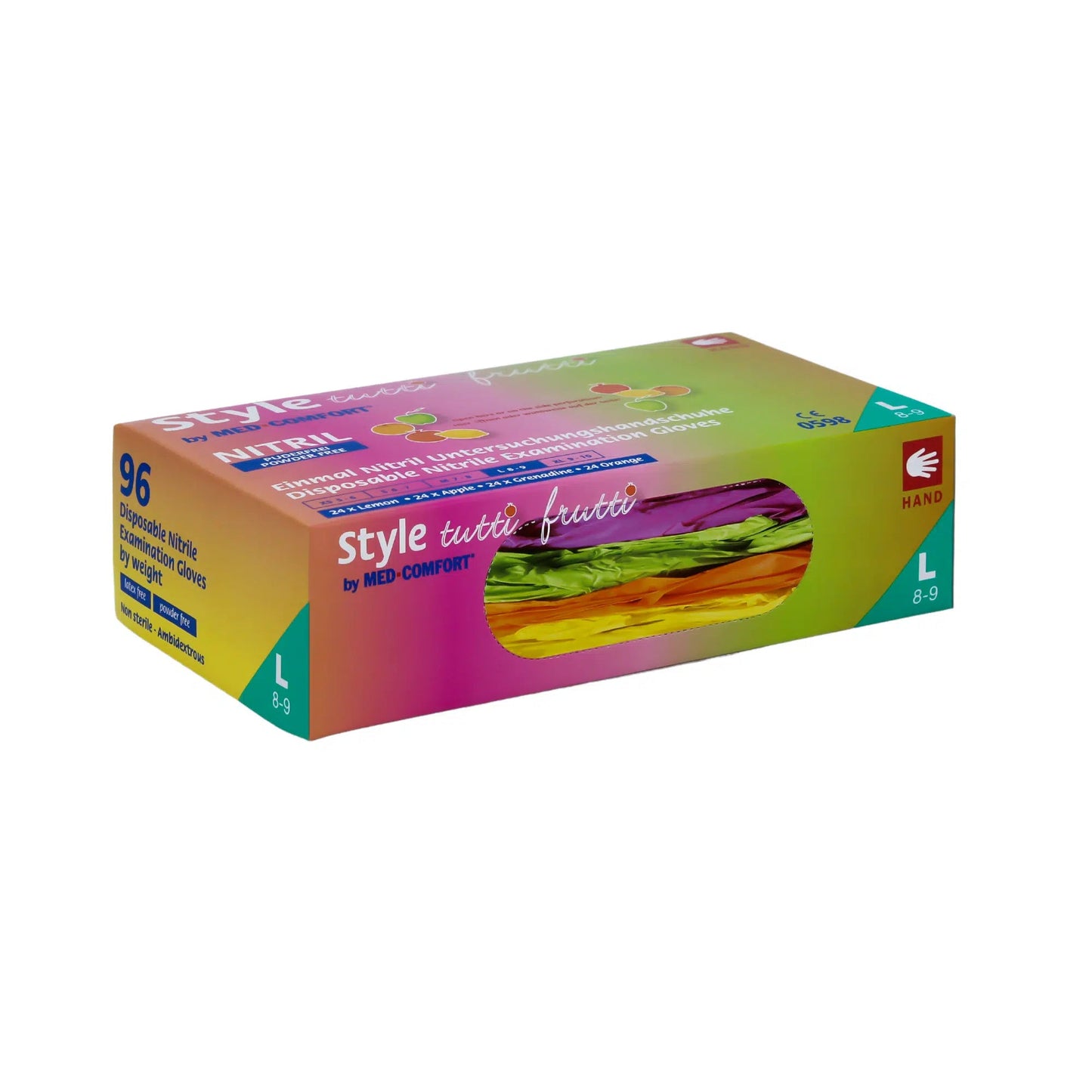 Pravouhlá škatuľa s AMPri Med-Comfort Farebnými nitrilovými rukavicami od AMPri Handelsgesellschaft mbH. Viacfarebná škatuľa má priehľadné okienko, cez ktoré sú viditeľné bezpúderové, chemicky odolné nitrilové rukavice vo vnútri. Etiketa uvádza veľkosť L (8-9) a obsahuje 96 rukavíc.